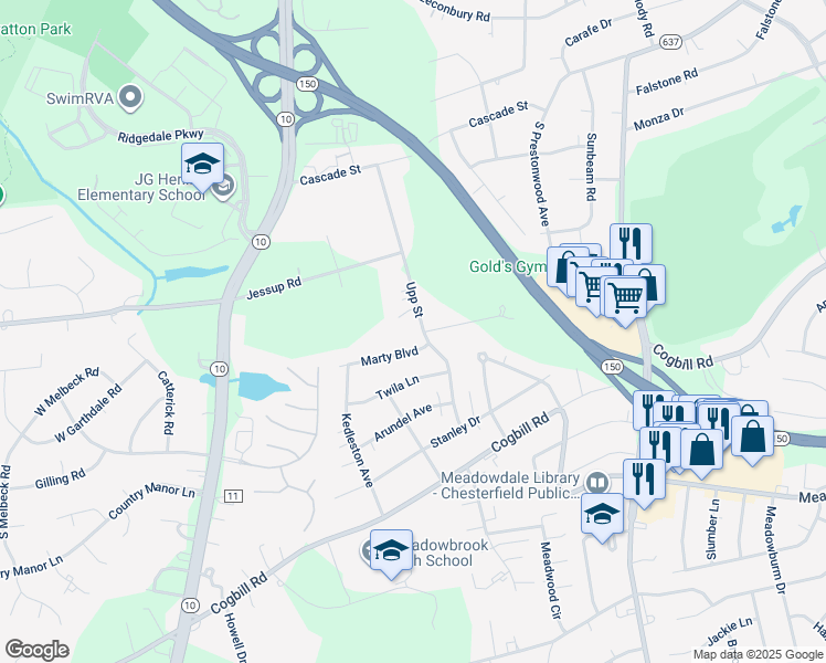 map of restaurants, bars, coffee shops, grocery stores, and more near 5532 Upp Street in Richmond