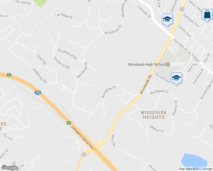 map of restaurants, bars, coffee shops, grocery stores, and more near 851 Woodside Drive in Woodside