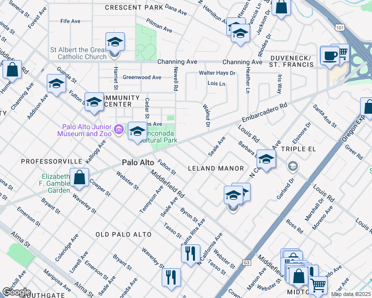 map of restaurants, bars, coffee shops, grocery stores, and more near 1751 Newell Road in Palo Alto