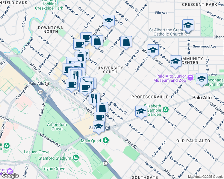 map of restaurants, bars, coffee shops, grocery stores, and more near 928 Scott Street in Palo Alto
