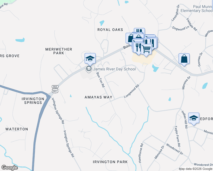 map of restaurants, bars, coffee shops, grocery stores, and more near 5209 Wedgewood Road in Lynchburg