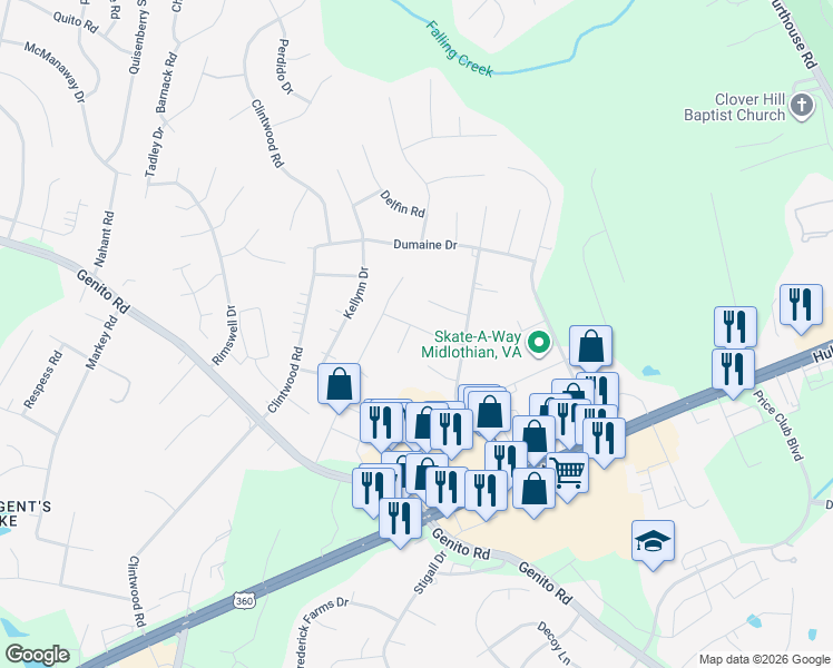 map of restaurants, bars, coffee shops, grocery stores, and more near 3301 Millspray Court in Midlothian