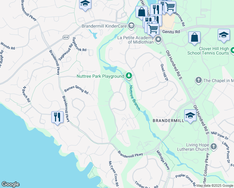 map of restaurants, bars, coffee shops, grocery stores, and more near 3401 Nuttree Woods Drive in Midlothian