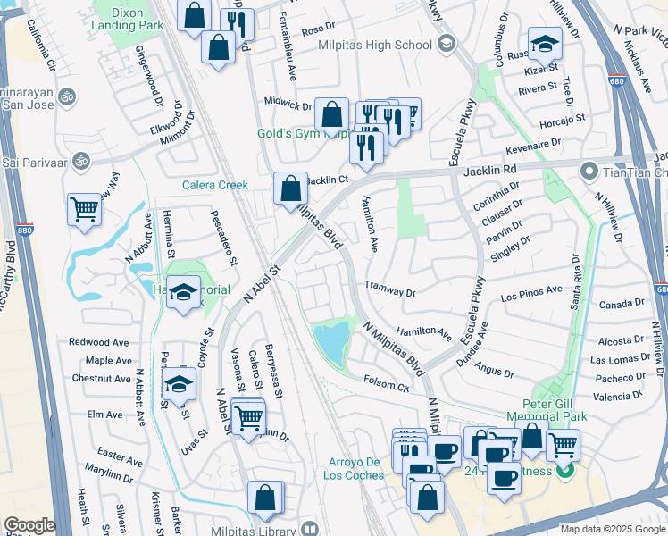 map of restaurants, bars, coffee shops, grocery stores, and more near 777 Erie Circle in Milpitas