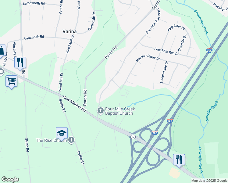 map of restaurants, bars, coffee shops, grocery stores, and more near 2912 Bufflehead Court in Richmond