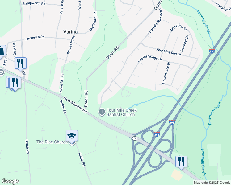 map of restaurants, bars, coffee shops, grocery stores, and more near 2912 Bufflehead Court in Richmond