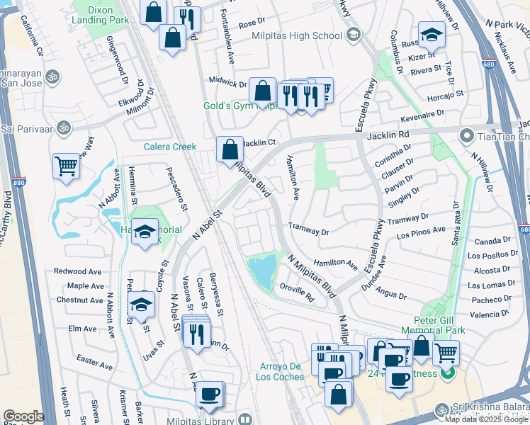 map of restaurants, bars, coffee shops, grocery stores, and more near 777 Erie Circle in Milpitas