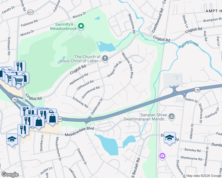 map of restaurants, bars, coffee shops, grocery stores, and more near 3513 Evergreen Oak Court in Richmond
