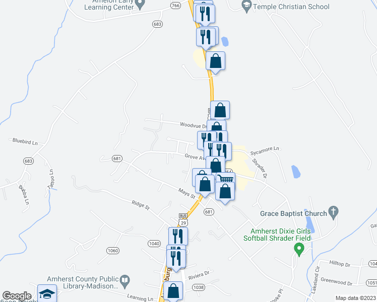 map of restaurants, bars, coffee shops, grocery stores, and more near 258 State Route 1070 in Madison Heights