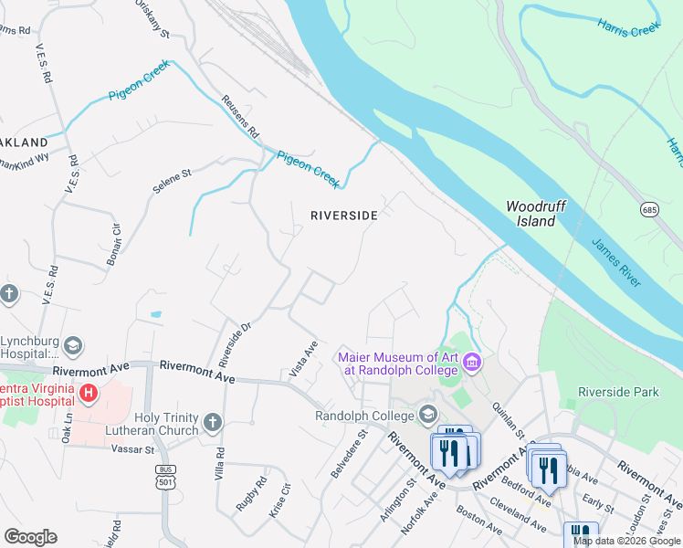 map of restaurants, bars, coffee shops, grocery stores, and more near 403 Riverside Dr in Lynchburg