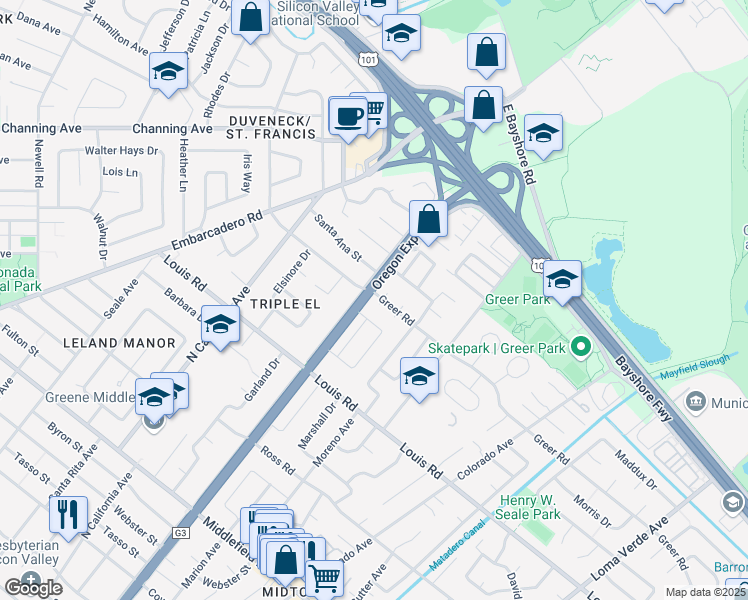map of restaurants, bars, coffee shops, grocery stores, and more near 2420 Greer Road in Palo Alto
