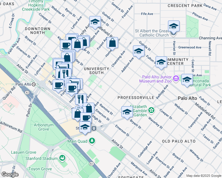 map of restaurants, bars, coffee shops, grocery stores, and more near 1010 Waverley Street in Palo Alto