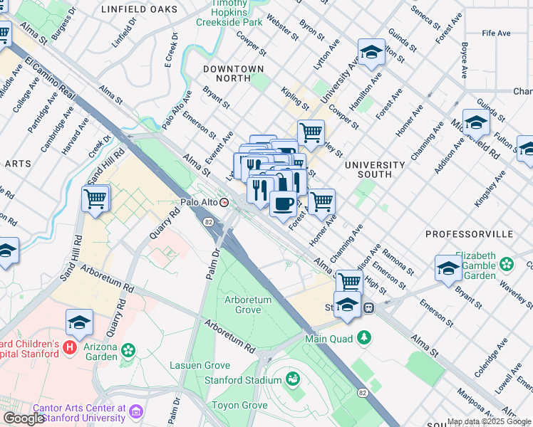 map of restaurants, bars, coffee shops, grocery stores, and more near 525 Alma Street in Palo Alto