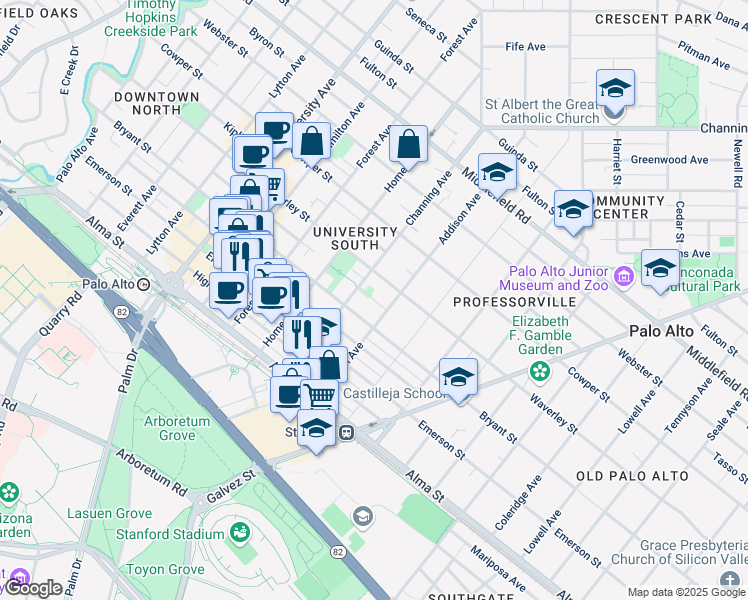map of restaurants, bars, coffee shops, grocery stores, and more near 928 Scott Street in Palo Alto