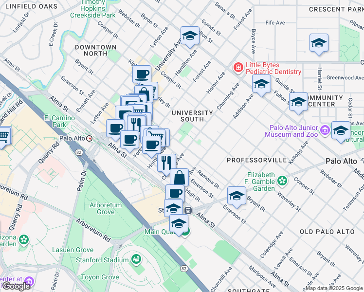 map of restaurants, bars, coffee shops, grocery stores, and more near 860 Bryant Street in Palo Alto