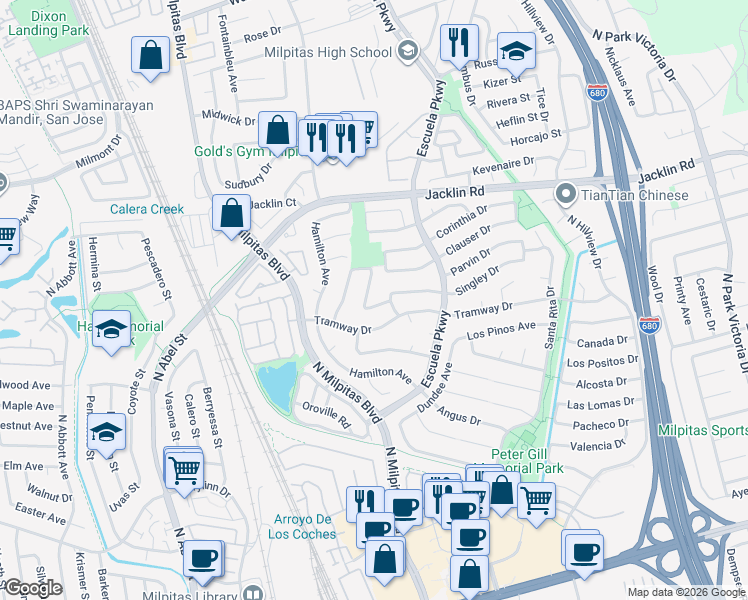 map of restaurants, bars, coffee shops, grocery stores, and more near 373 Chad Drive in Milpitas