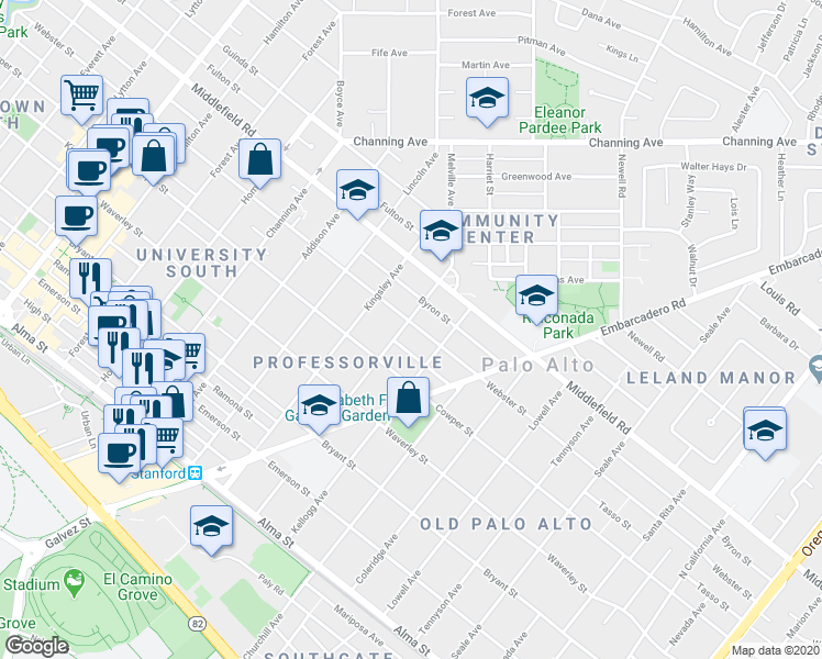 map of restaurants, bars, coffee shops, grocery stores, and more near 580 Melville Avenue in Palo Alto
