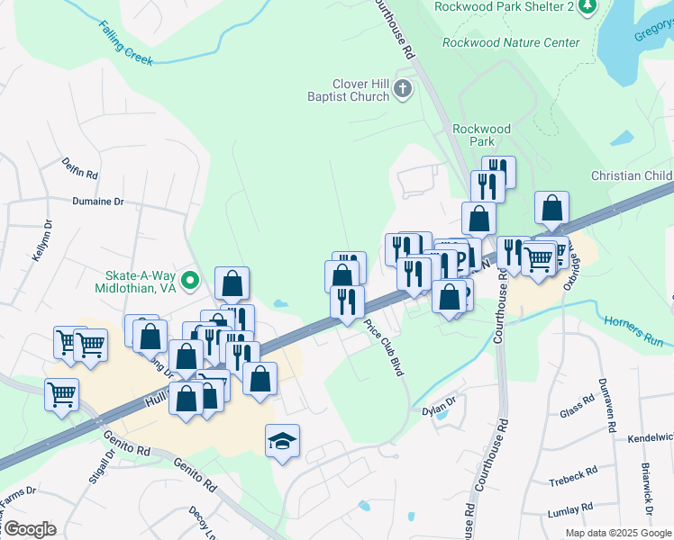 map of restaurants, bars, coffee shops, grocery stores, and more near 3500 Suncrest Drive in Midlothian