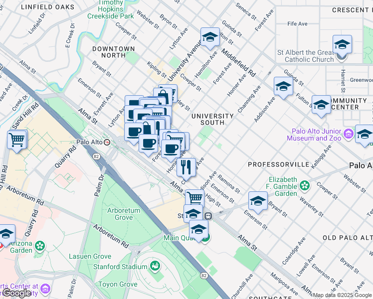 map of restaurants, bars, coffee shops, grocery stores, and more near 260 Homer Avenue in Palo Alto