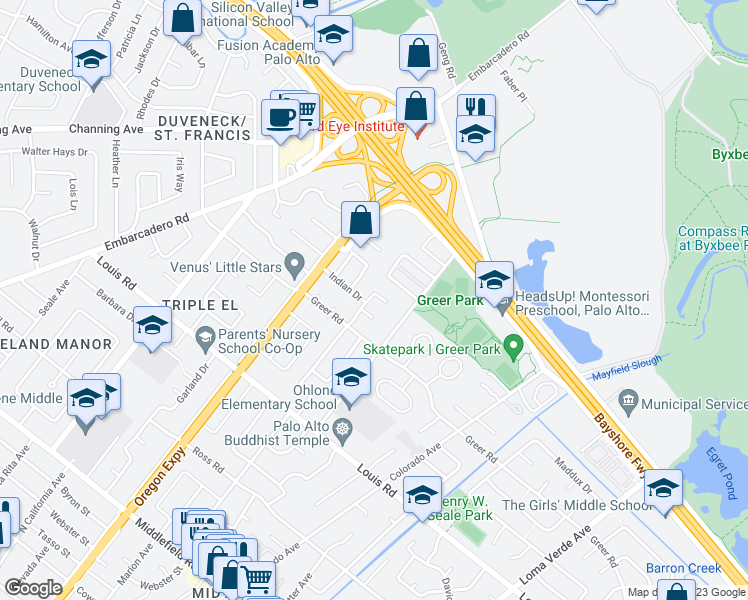 map of restaurants, bars, coffee shops, grocery stores, and more near 1074 Moreno Avenue in Palo Alto