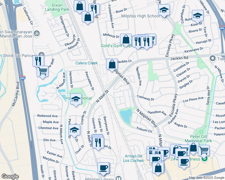 map of restaurants, bars, coffee shops, grocery stores, and more near 923 Coventry Way in Milpitas