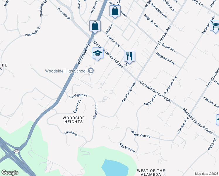 map of restaurants, bars, coffee shops, grocery stores, and more near 2180 Greenways Drive in Woodside