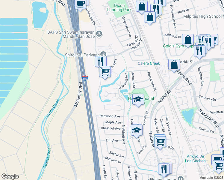map of restaurants, bars, coffee shops, grocery stores, and more near 1129 North Abbott Avenue in Milpitas