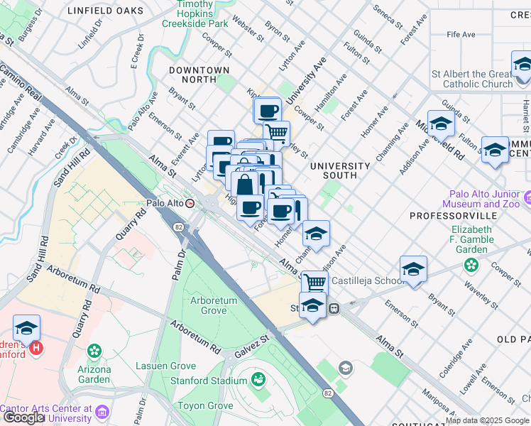 map of restaurants, bars, coffee shops, grocery stores, and more near 723 Emerson Street in Palo Alto