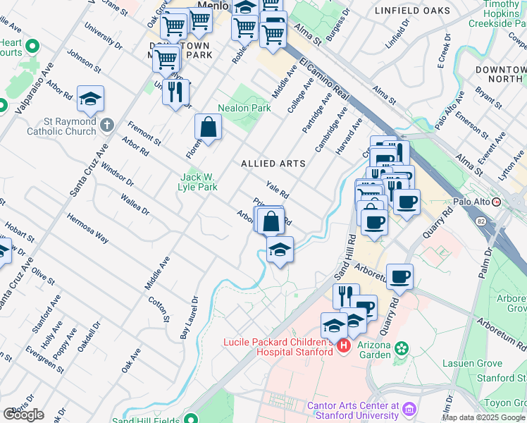 map of restaurants, bars, coffee shops, grocery stores, and more near 241 Princeton Road in Menlo Park