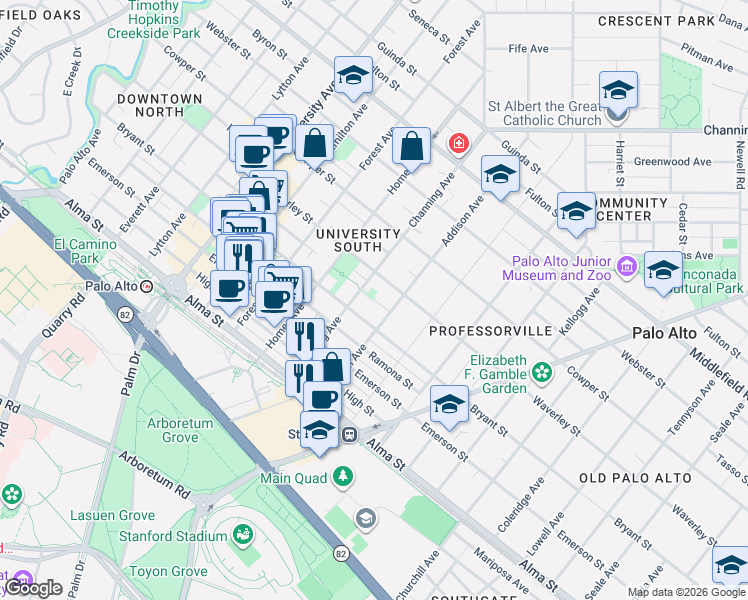 map of restaurants, bars, coffee shops, grocery stores, and more near 928 Scott Street in Palo Alto