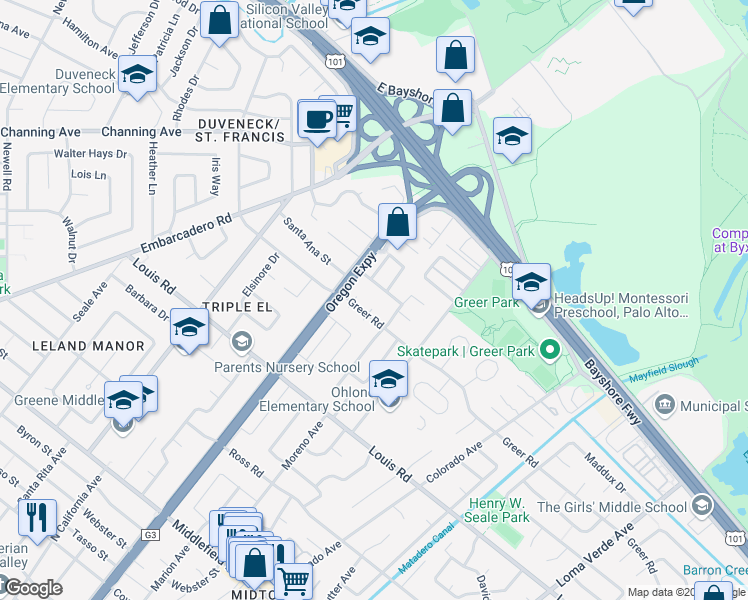map of restaurants, bars, coffee shops, grocery stores, and more near 2527 Greer Road in Palo Alto
