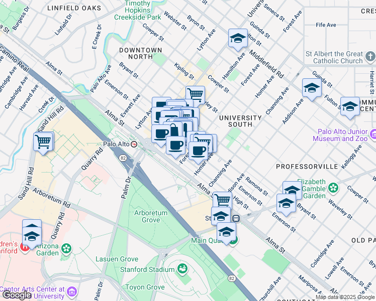 map of restaurants, bars, coffee shops, grocery stores, and more near 723 Emerson Street in Palo Alto