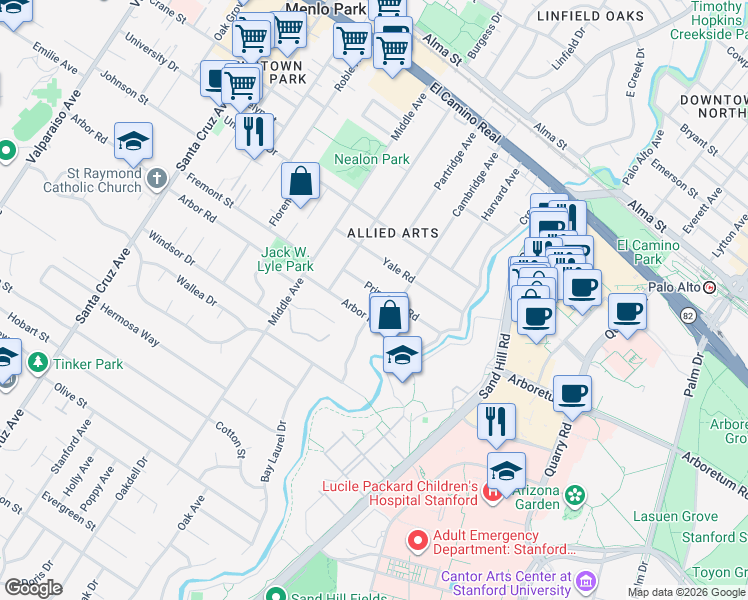 map of restaurants, bars, coffee shops, grocery stores, and more near 241 Princeton Road in Menlo Park