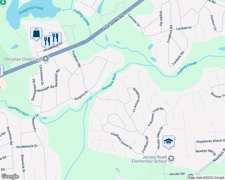 map of restaurants, bars, coffee shops, grocery stores, and more near 4204 Country Spring Lane in Richmond