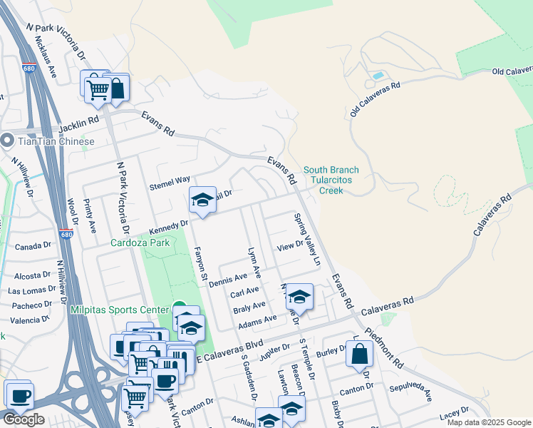 map of restaurants, bars, coffee shops, grocery stores, and more near 1701 Fair Hill Drive in Milpitas