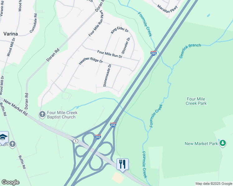 map of restaurants, bars, coffee shops, grocery stores, and more near 3037 Falcon Creek Drive in Henrico