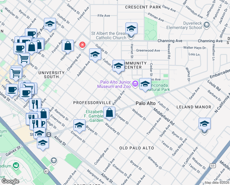 map of restaurants, bars, coffee shops, grocery stores, and more near 1321 Webster Street in Palo Alto