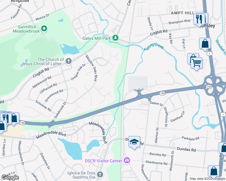 map of restaurants, bars, coffee shops, grocery stores, and more near 6104 Morningmist Drive in Richmond
