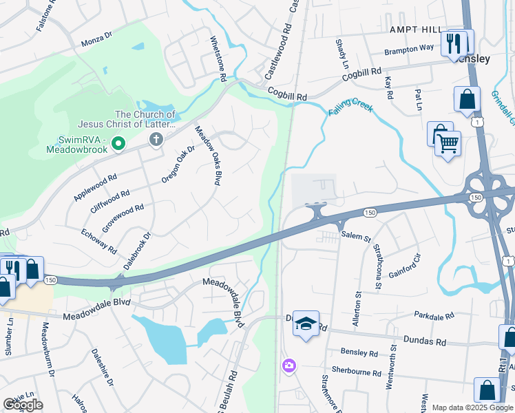 map of restaurants, bars, coffee shops, grocery stores, and more near 6104 Morningmist Drive in Richmond