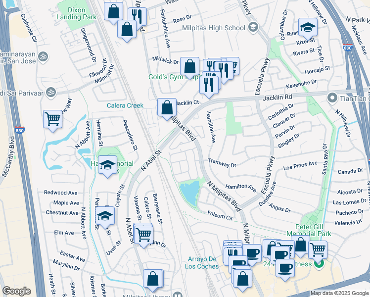 map of restaurants, bars, coffee shops, grocery stores, and more near 828 Erie Circle in Milpitas