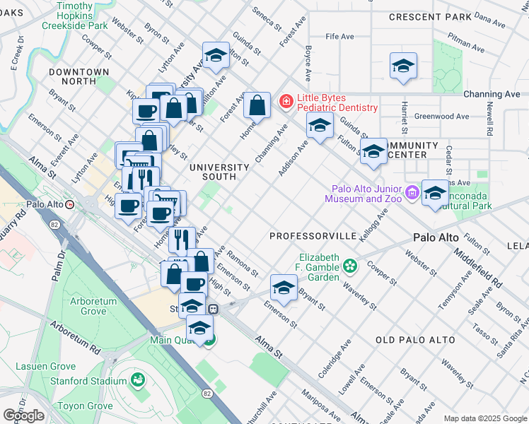 map of restaurants, bars, coffee shops, grocery stores, and more near 1027 Waverley Street in Palo Alto