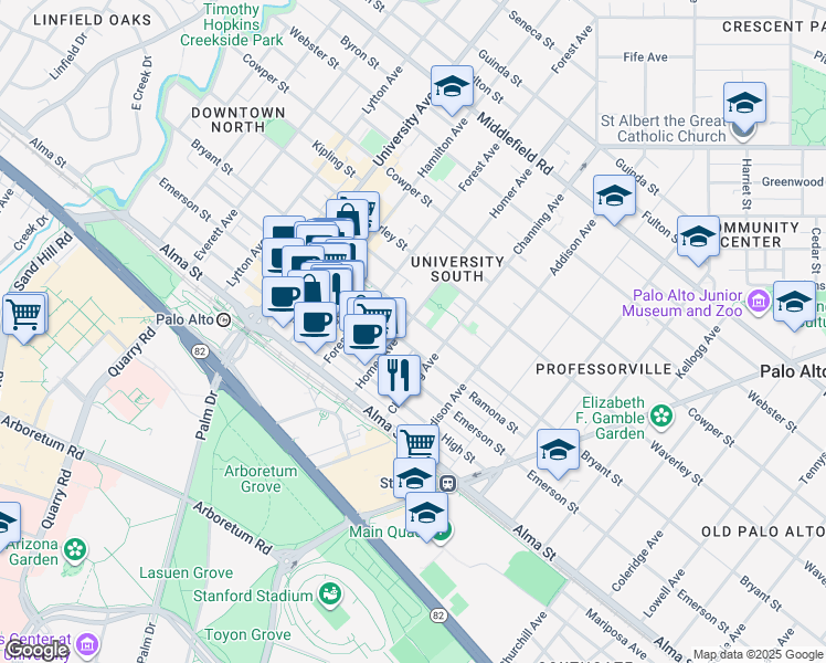 map of restaurants, bars, coffee shops, grocery stores, and more near 260 Homer Avenue in Palo Alto