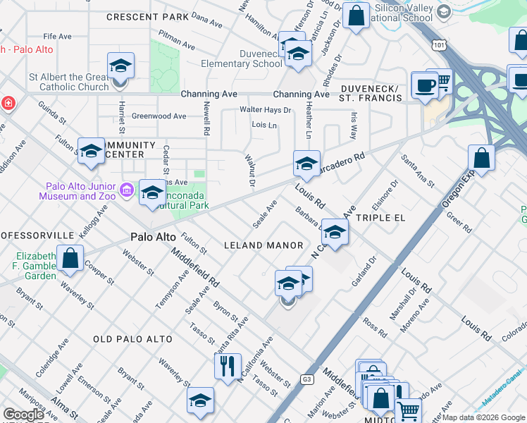 map of restaurants, bars, coffee shops, grocery stores, and more near 848 Seale Avenue in Palo Alto