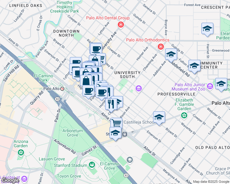 map of restaurants, bars, coffee shops, grocery stores, and more near 241 Homer Avenue in Palo Alto