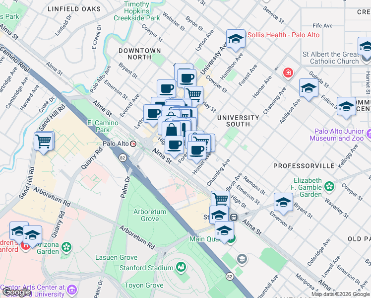map of restaurants, bars, coffee shops, grocery stores, and more near 723 Emerson Street in Palo Alto