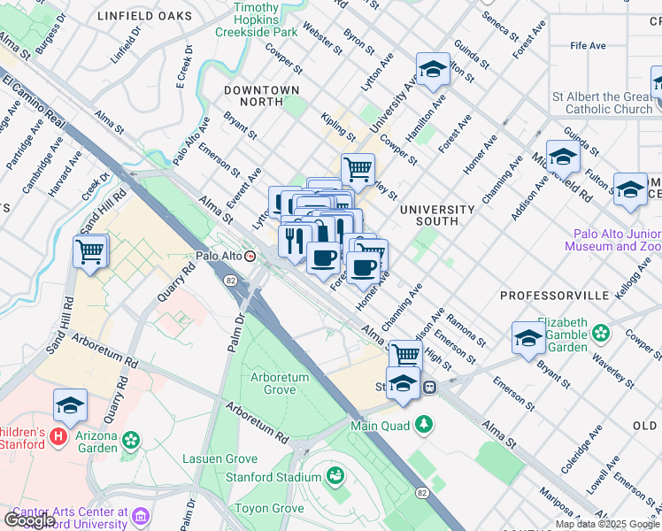 map of restaurants, bars, coffee shops, grocery stores, and more near 639 High Street in Palo Alto