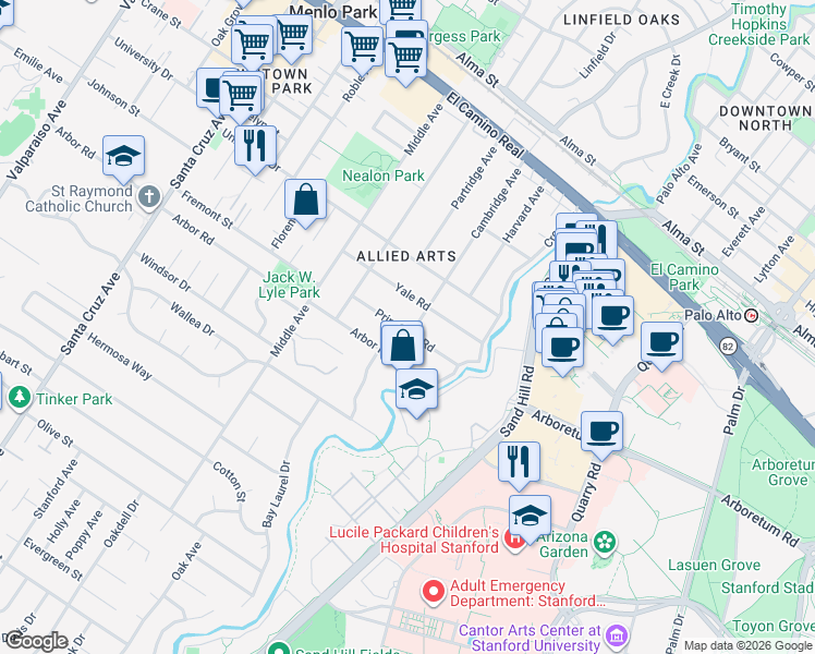 map of restaurants, bars, coffee shops, grocery stores, and more near 241 Princeton Road in Menlo Park