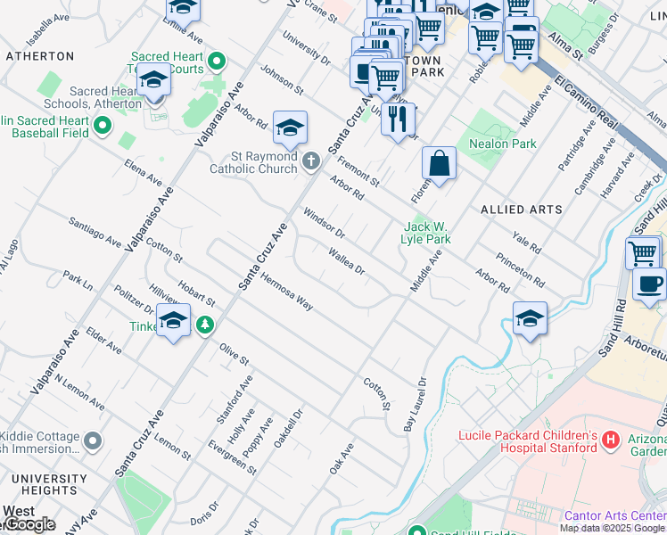 map of restaurants, bars, coffee shops, grocery stores, and more near 10 Reyna Place in Menlo Park