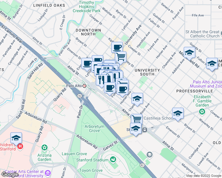 map of restaurants, bars, coffee shops, grocery stores, and more near 639 High Street in Palo Alto