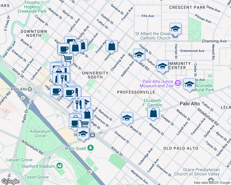 map of restaurants, bars, coffee shops, grocery stores, and more near 1027 Waverley Street in Palo Alto